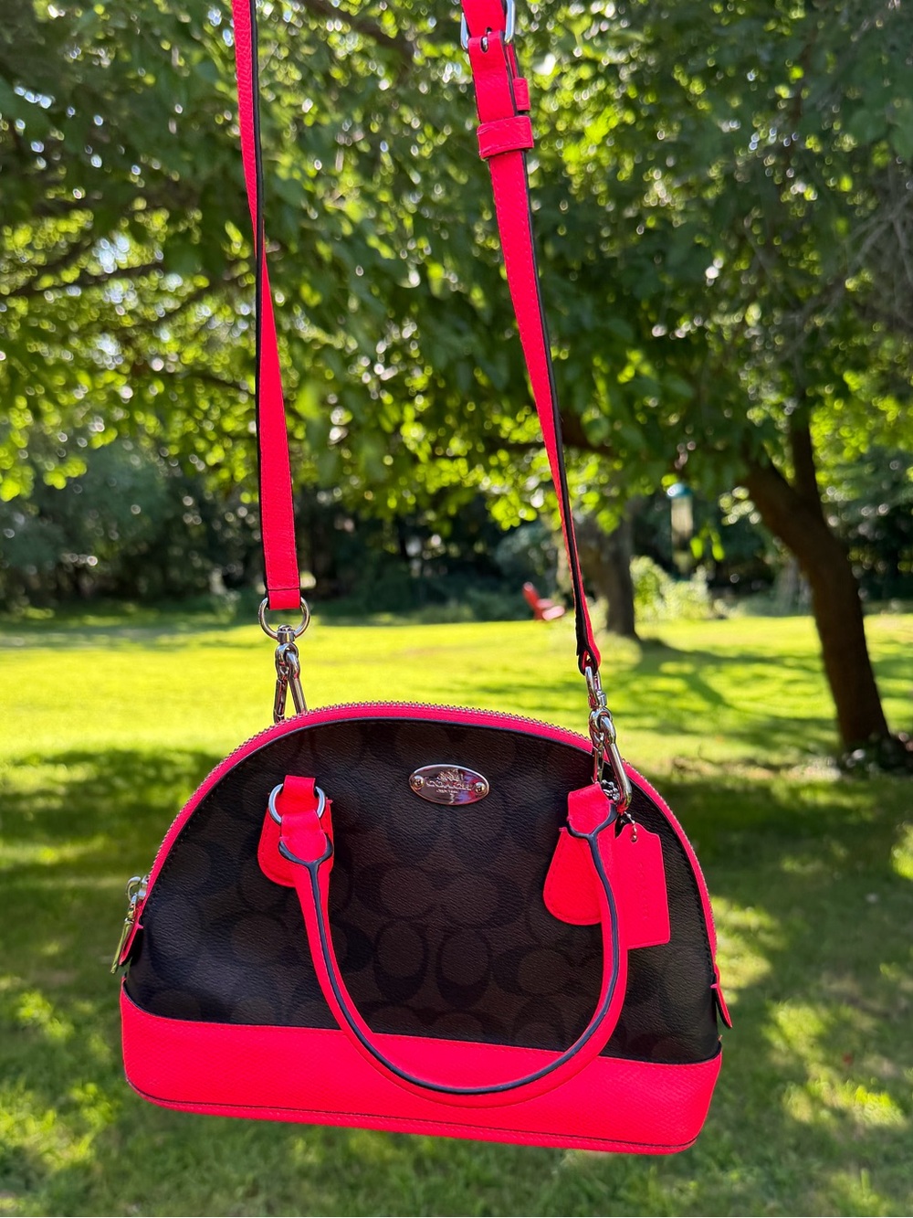 Coach Mini Sierra Satchel Signature Brown Neon Pink Crossbody Bag